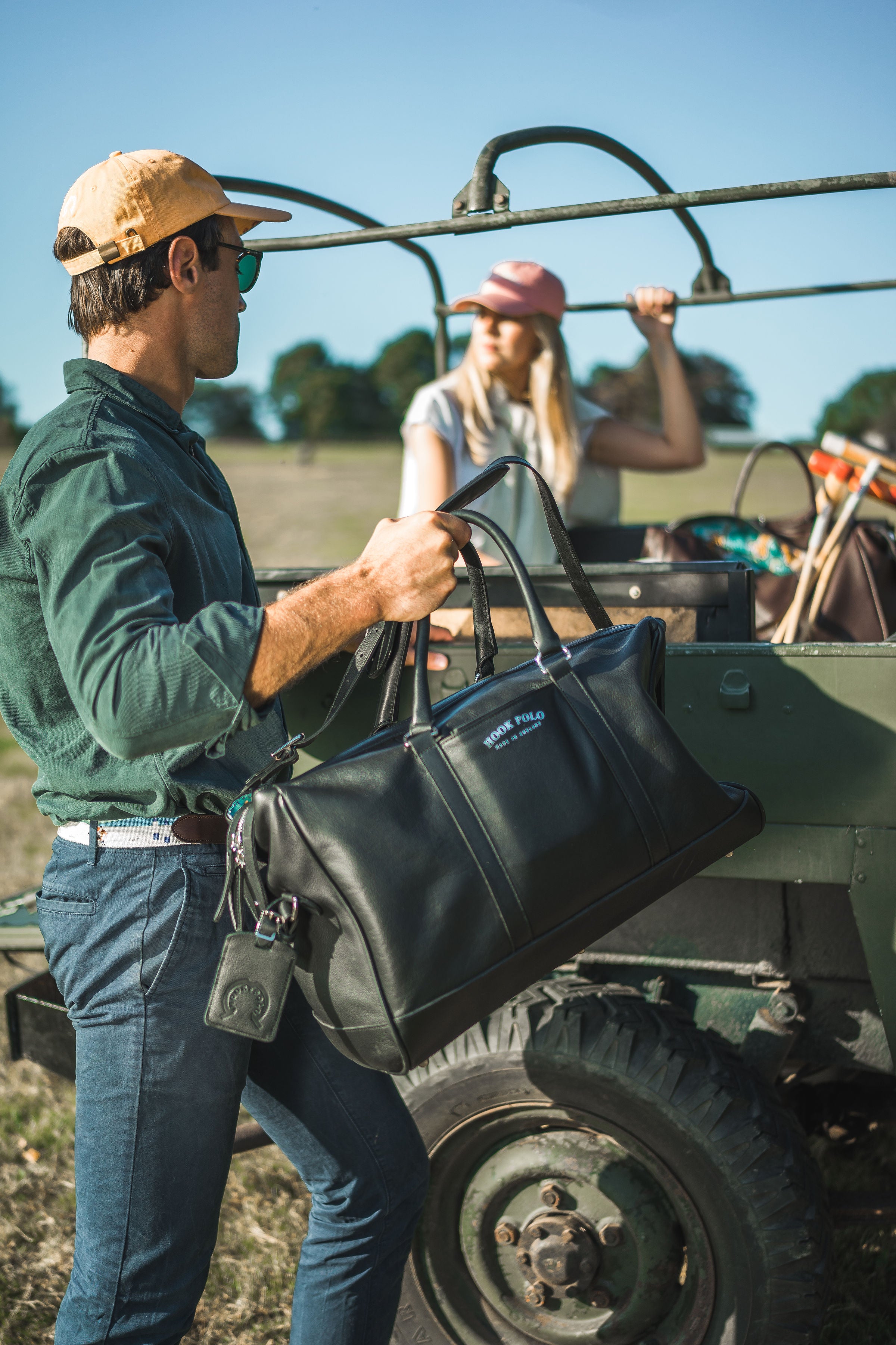 Black Leather Holdall Bag - Elephant Polo Print