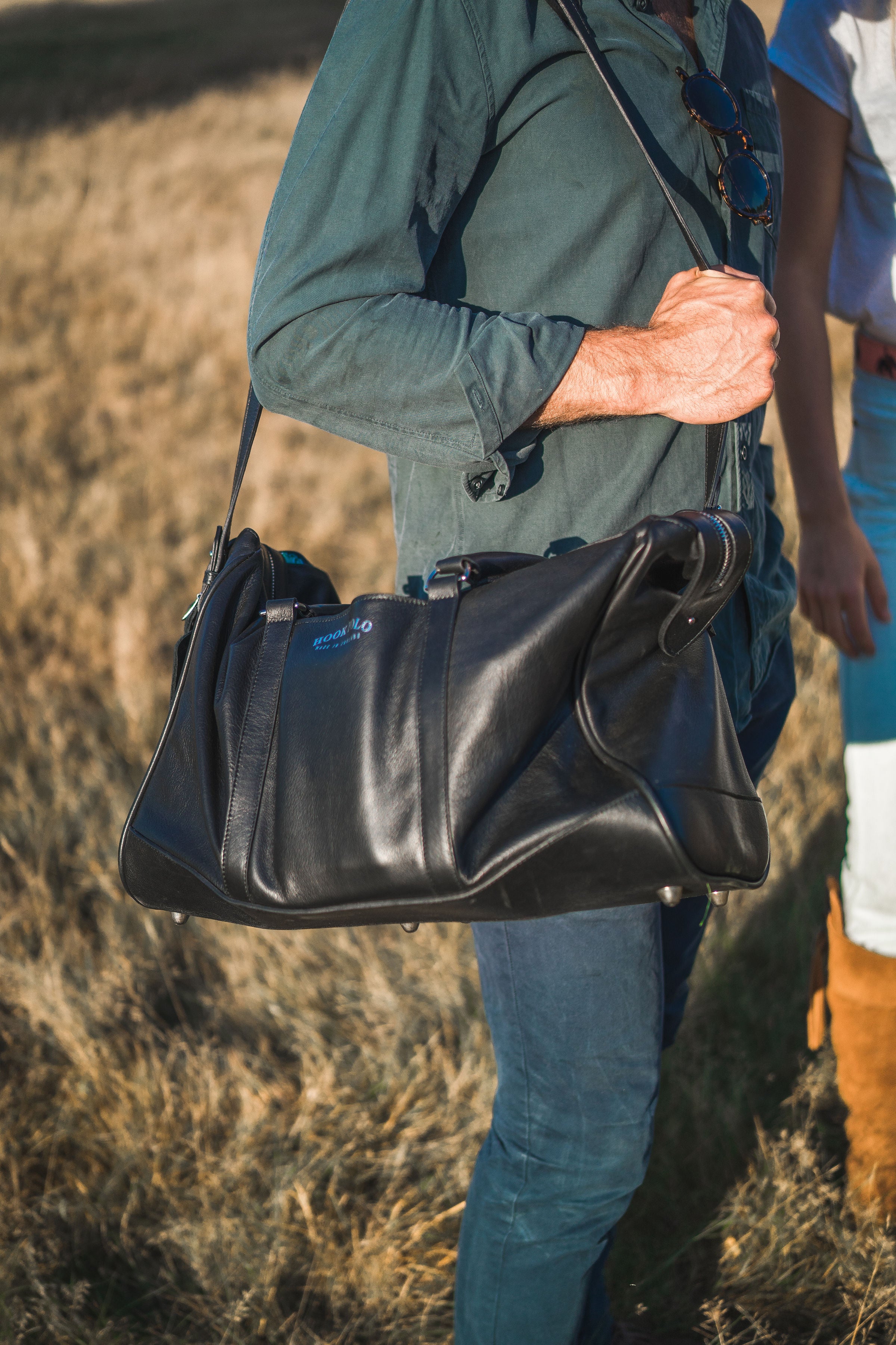 Black Leather Holdall Bag - Elephant Polo Print