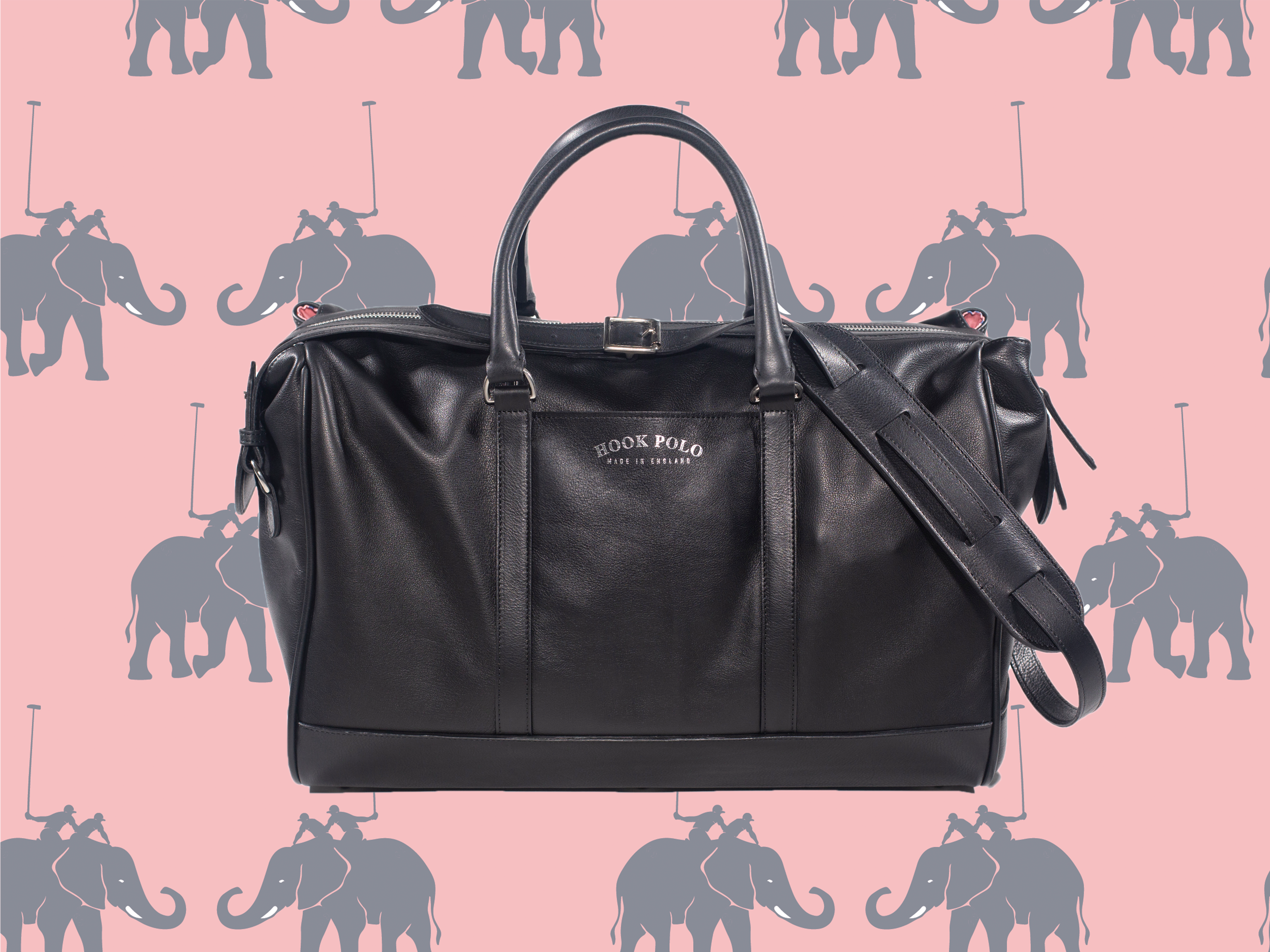 Black Leather Holdall Bag - Elephant Polo Print